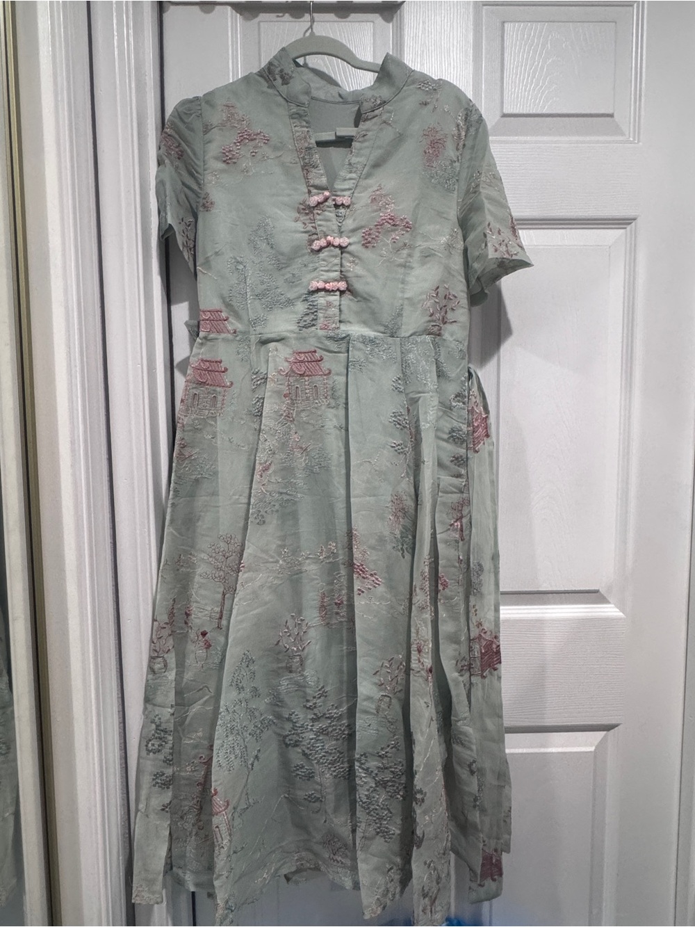 Chinese Style Green Embroidered Dress with Pink Accents fits small